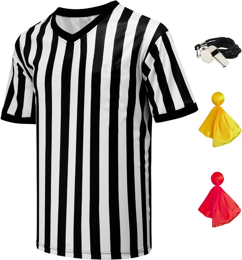 VKT 4Pcs Referee Shirt Men V-Neck Official Ref Jersey Kit for Basketball Football Soccer Halloween Costume Flag Whistle - Image 1